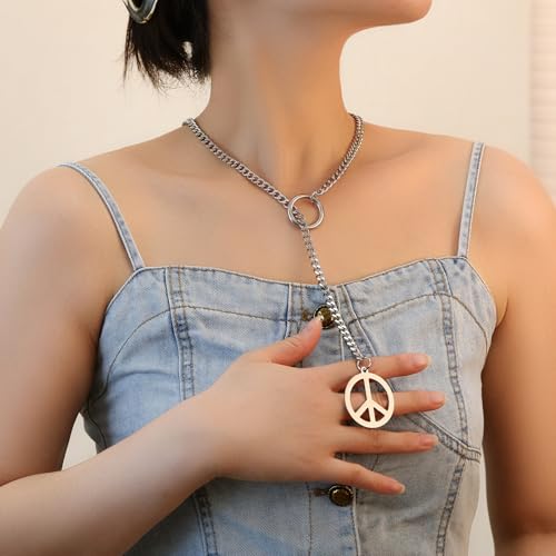 Slip Chain Choker for Women Handmade Black Stainless Steel Cuban Chain Chunky Moon Bat Raven Skull Pendant Gothic Punk Rock Collar Adjustable Lariat Y Necklace for Men - style: peace sign hippie