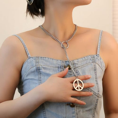 Slip Chain Choker for Women Handmade Black Stainless Steel Cuban Chain Chunky Moon Bat Raven Skull Pendant Gothic Punk Rock Collar Adjustable Lariat Y Necklace for Men - style: peace sign hippie