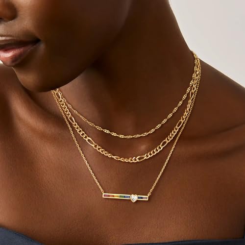 Fettero Dainty 14K Gold Plated Cubic Zirconia Necklaces for Women, Simple Bar Pendant Necklace, Mix-color Rainbow Jewelry Gold Necklace for Women Trendy Gifts - style: Rainbow Heart