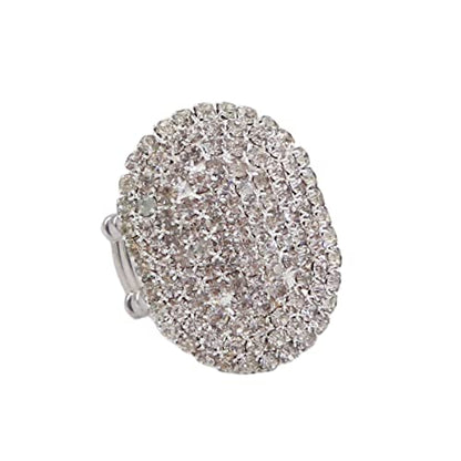 Women Adorable Crystal Rhinestones Oval Design Stretch Fashion Ring Shinning Silver Plated