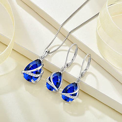Birthstone Pendant Necklace 925 Sterling Silver Teardrop Jewelry for Women - color: Royal Blue