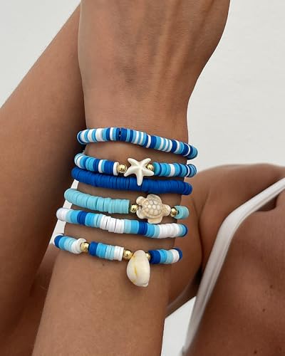 Shell Bracelets for Women Layered Seashell Starfish Bracelets Stackable Stretch Boho Beaded Bracelet Summer Beach Surfer Bracelet Seaside Beach Dress Outfits Accessories - color: B3:blue shell bracelets