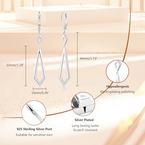 ALEXCRAFT 14K Goldplate Silver Long Rhombus Dangle Drop Earrings for Women | Trendy Hypoallergenic Lightweight Simple Daily Elegant Geometric Leverback Earrings Long Dangling Drop Earrings Boho Jewelry - color: Rhombus_Silver