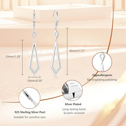 ALEXCRAFT 14K Goldplate Silver Long Rhombus Dangle Drop Earrings for Women | Trendy Hypoallergenic Lightweight Simple Daily Elegant Geometric Leverback Earrings Long Dangling Drop Earrings Boho Jewelry - color: Rhombus_Silver
