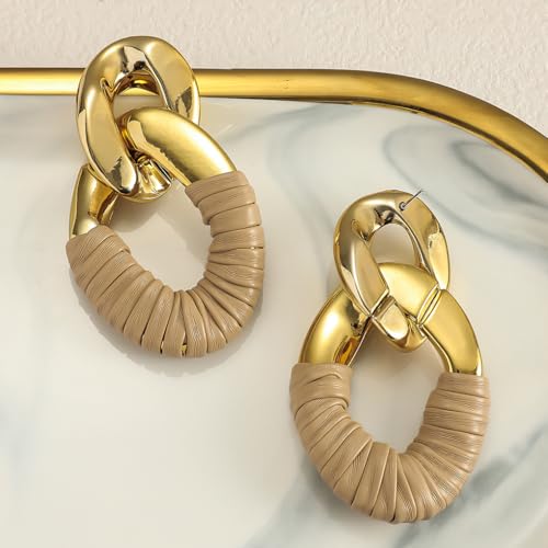 Chunky Gold Acrylic Chain Statement Earrings for Women,Exaggerated Thick Chain Artificial Leather Wrap Dangle Earrings Trendy Geometric Ear Jewelry - color: Brown