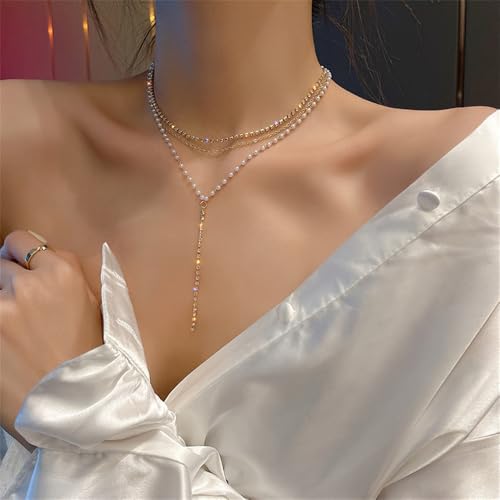 Lasso Necklace for Woman Gold And Pearl Lasso Necklace Exquisite Waterproof Adjustable Y Shaped Sun Necklaces Layered Pearl Lariat Necklaces Jewelry - color: gold2