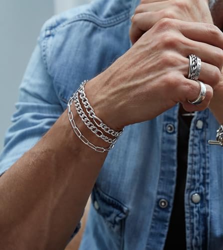 RIOSO Jewelry Set for Men Silver Stainless Steel Cuban Link Necklace Bracelet Rings Hoop Stud Earrings Mens Jewelry Set - size: 8