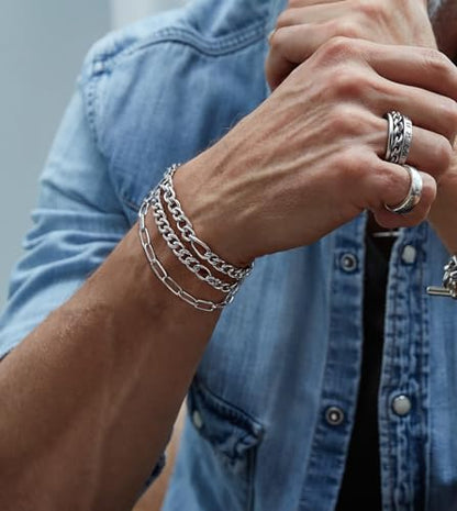 RIOSO Jewelry Set for Men Silver Stainless Steel Cuban Link Necklace Bracelet Rings Hoop Stud Earrings Mens Jewelry Set - size: 8