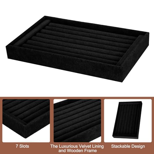 uxcell Velvet 7 Slots Ring Organizer Jewelry Display Tray Showcase Ring Holder Velvet Jewelry Organizer Stand for Rings Earrings Black - color: Black