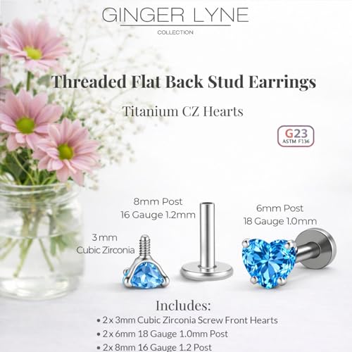 Titanium Heart CZ Labret Stud Earrings for Piercings by Ginger Lyne 6Pc Set G23 Screw Front Flat Back Body Jewelry 2 pair post 6mm, 8mm Cartilage, Helix, Tragus, Lip, Conch, Lobe - color: 3mm-Blue