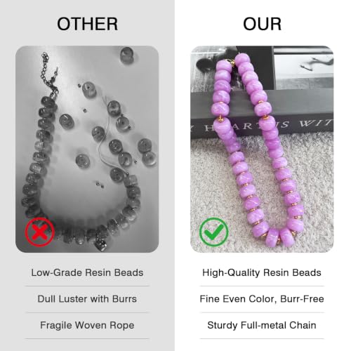 Colorful Chunky Resin Beaded Choker Necklaces for Women | Multicolor Beads, Sturdy Metal Chain, Adjustable, Detachable, Lightweight, Summer Beach Boho, Trendy Statement Jewelry Gift - color: Light Purple