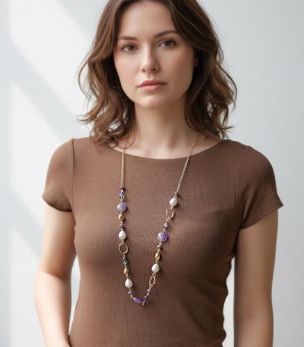 Long Gold Necklaces for Women Trendy Beaded Chain Necklace Chunky Costume Jewelry Gifts for Her - color: Amethyst