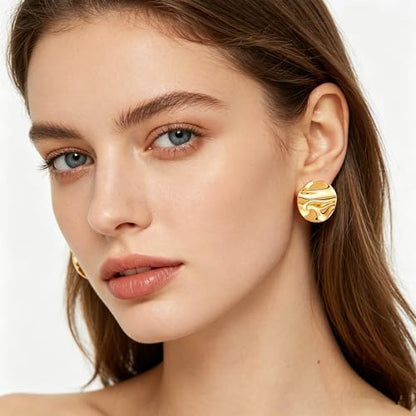 Gold Statement Earrings For Women, 14K Gold Plated Textured Geometric Drop Earrings - Hypoallergenic Stainless Steel Statement Earrings for Women, Waterproof Fan-Shaped Dangle Earrings for Beach & Daily Wear - color: Disc DKE25215GL