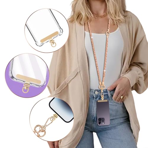 Crystal Phone Strap Crossbody Rhinestone Anti Theft Layered Strap Crossbody Gold Metal Buckles Cell Phone Neck for Women (Peach) - color: Peach