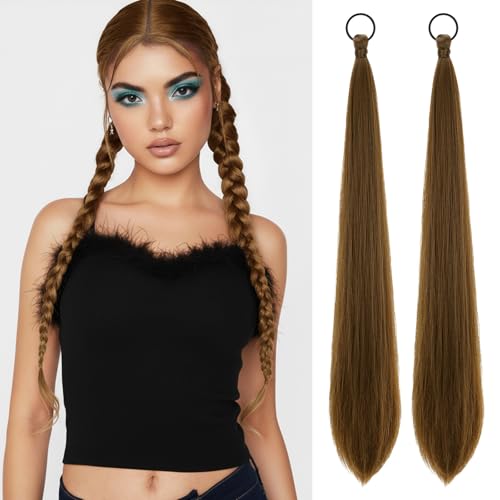 Light Brown Ponytail Extension with Hair Tie DIY Braided Ponytail Extension for Woman 2 PCS Warp Around Yaki Straight Sleek Hairpieces Light and Soft Fluffy Stayle Ponytail for Women Daily Party Use - color: Light Brown
