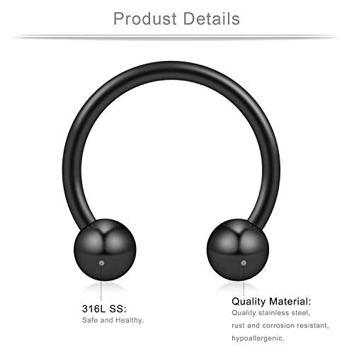 16-24PCS 16G Surgical Steel Horseshoe & Captive Bead Nose Hoop Septum Earring Eyebrow Tongue Lip Nipple Helix Tragus Piercing Jewelry Rings 6-16mm - color: 24PCS - Black