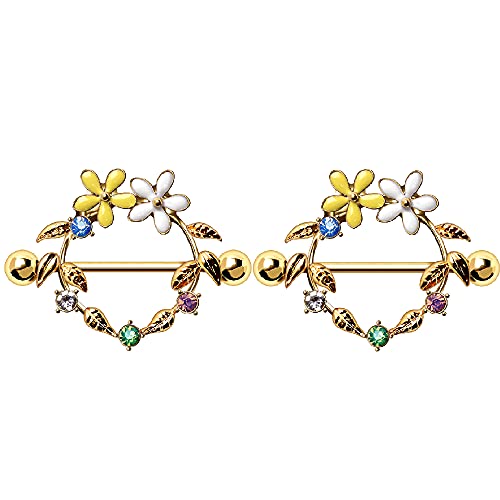 Pierced Owl 14GA Golden Leaves Shield with Flowers and Colorful CZs 316L Surgical Stainless Steel Barbell Nipple Ring Shields, Sold as a Pair