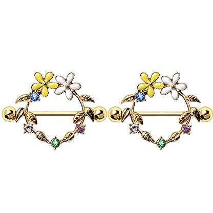 Pierced Owl 14GA Golden Leaves Shield with Flowers and Colorful CZs 316L Surgical Stainless Steel Barbell Nipple Ring Shields, Sold as a Pair