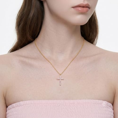 Cross Necklace for Women, Silver Cross Pendant Necklaces | 14K Gold Plated, Dainty CZ Cross Necklace, Non Tarnish and Hypoallergenic Jewelry for Women, Christian Religious Faith Gifts - color: 02-Gold-Pink