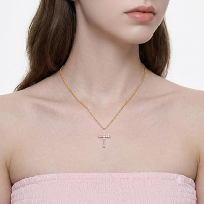 Cross Necklace for Women, Silver Cross Pendant Necklaces | 14K Gold Plated, Dainty CZ Cross Necklace, Non Tarnish and Hypoallergenic Jewelry for Women, Christian Religious Faith Gifts - color: 02-Gold-Pink