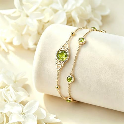 Midari 18K Gold Irish Infinity Celtic Knot Birthstone Layed Anklet Bracelet with 12 Months Birthstone Birthday Jewelry Gifts for Women Mom - color: 08-Peridot, size: Bracelet 7"-9"