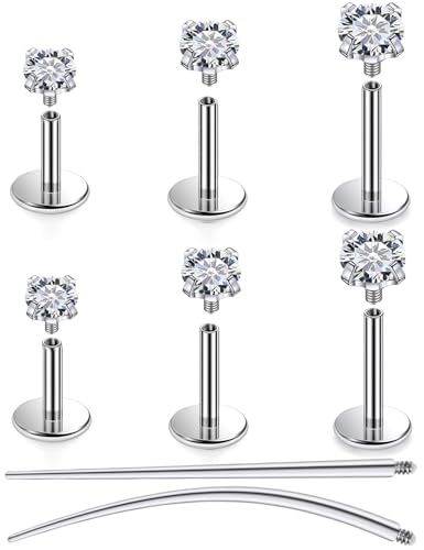 20G 18G 16G Titanium Flat Back Nose Rings Studs Hypoallergenic Lip Labret Monroe Medusa Internally threaded Tragus Cartilage Helix Earrings Studs Piercing Jewelry for Women Men 6mm 8mm 10mm - color: 18G -Flat Back With Screw on Tops-Clear CZ