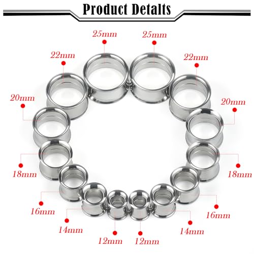 12G-25mm Double Flare Thin Gauges Tunnels Plugs Stretching Kit 316L Surgical Stainless Steel Hollow Gauge Tunnel Plug for Ear 12G 10G 8G 6G 4G 2G 0G 00G 12mm 14mm 16mm 18mm 20mm 22mm 25mm - color: Silver Tone, size: 00G(10.0mm)-25mm