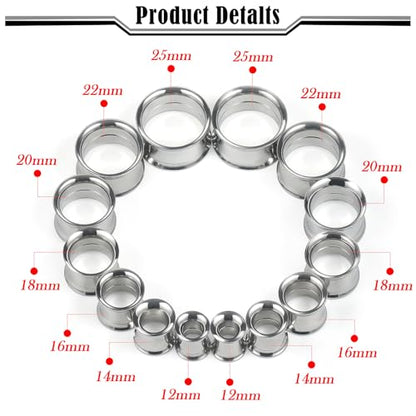 12G-25mm Double Flare Thin Gauges Tunnels Plugs Stretching Kit 316L Surgical Stainless Steel Hollow Gauge Tunnel Plug for Ear 12G 10G 8G 6G 4G 2G 0G 00G 12mm 14mm 16mm 18mm 20mm 22mm 25mm - color: Silver Tone, size: 00G(10.0mm)-25mm