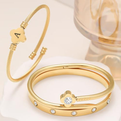 14K Gold Plated Personalized Flower Bracelet Set with Initial Charm Trendy Stackable Jewelry for Women - style: style1 A
