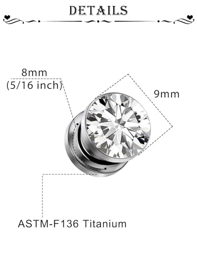 Astm F136 Titanium CZ Ear Gauges Screw Fit Flesh Tunnels Plugs Gauges Earring Expander Stretcher Ear Tunnels For Ears 10G 8G 6G 4G 2G 0G 00G Plug Earrings Body Piercing Jewelry For Women Men - color: 0G Gauges