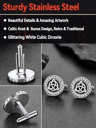 FaithHeart Mens Cufflinks, Norse Viking Tuxedo Shirt Cuff Links, Stainless Steel Cuff Links and Shirt Studs, Gift Box - style: 02. Trinity Celtic CZ-Silver