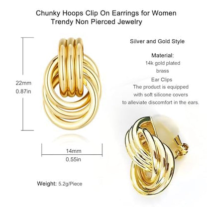 14K Gold-plated Clip On Earrings for Women Knot Link Trendy Small Dainty Non Pierced Earring Hoops Drop Dangle Earrings Lightweight Jewelry - color: A-Gold