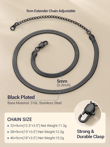 PROSTEEL 3mm/5mm Herringbone Choker Necklace for Women, 12.5"/15"/18", Stainless Steel/Sterling Silver Flat Snake Chain in Silver/Yellow Gold/Rose Gold/Black, Come with Box - color: 5mm-Black Plated, size: 12.5 Inch