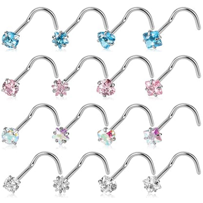 20G Colorful Rhinestone Steel Screw Nose Rings Studs Bar Pin Piercing Jewelry - color: Four colors - 16PC