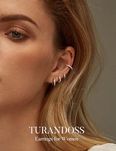 Turandoss 5 Pairs Gold Huggie Hoop Earrings for Women | Dainty Small Hoop Earring Stacks, Cartilage, Multiple Piercing, 14K Gold Plated, Hypoallergenic - color: Silver Hoop