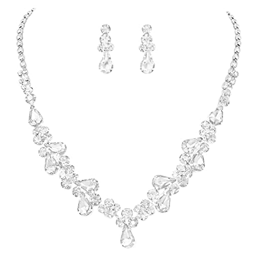 Rosemarie Collections Women's Stunning Rhinestone Crystal Teardrop Statement Necklace Hypoallergenic Drop Earrings Set, 15"+6" Extender - color: Clear Silver Tone