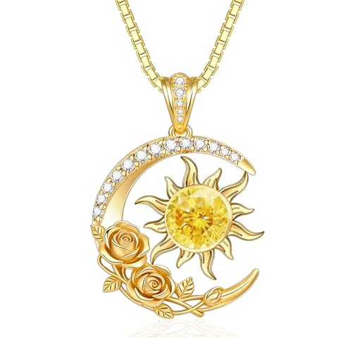 Midari 18K Yellow Gold Sun Moon Star Pendant Rose Flower Necklaces I Love You Forever Sun Moon Jewelry Gift for Mother Women - color: 11-Nov-Citrine, style: Sun&Moon