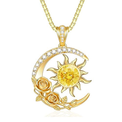 Midari 18K Yellow Gold Sun Moon Star Pendant Rose Flower Necklaces I Love You Forever Sun Moon Jewelry Gift for Mother Women - color: 11-Nov-Citrine, style: Sun&Moon