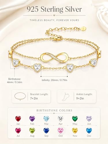 Prismata Infinity Birthstone Charm Link Bracelet/Anklet 925 Sterling Silver Adjustable 12 Months Birthstone Infinity Bracelet/Anklet Birthday Jewelry Gifts for Women Her - color: 04-April, size: 7'+2' Bracelet-18K Gold Plated