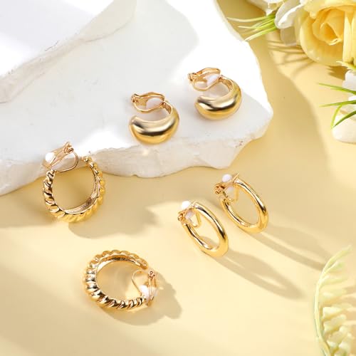 3Pairs Clip On Earrings for Women Clip Earrings Clip On Gold Hoop Earring | 16K Gold Plated, Chunky Tube, Croissant, Waterdrop, Non Pierced, Fake Jewelry Set