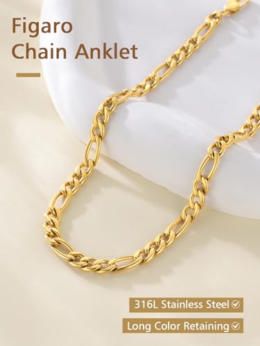 FindChic Stainless Steel Ankle Bracelets for Women, Waterproof Figaro/Cuban/Box/Beaded Chain Anklets, Summer Beach Foot Jewelry, 8.5''-10.5'' Adjustable Length, with Gift Box - style: A Figaro Chain-Gold