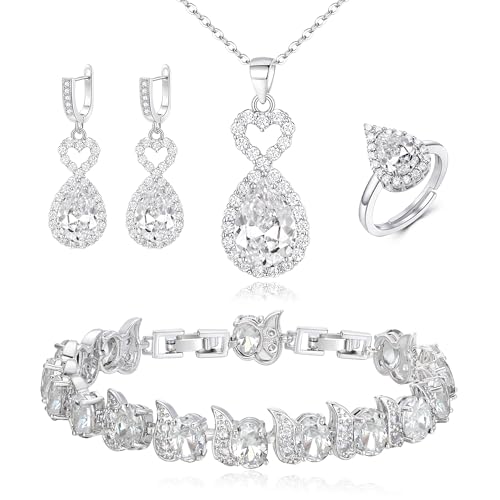 Wedding Jewelry Set for Women Bride Bridesmaid | Gorgeous Cubic Zirconia Teardrop Necklace Earrings Bracelet Adjustable Ring Jewelry Gift for Birthday/Anniversary - color: Heart-Clear