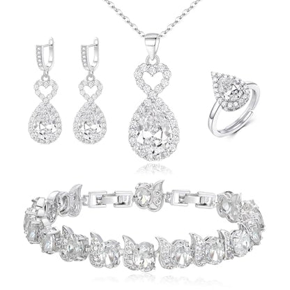 Wedding Jewelry Set for Women Bride Bridesmaid | Gorgeous Cubic Zirconia Teardrop Necklace Earrings Bracelet Adjustable Ring Jewelry Gift for Birthday/Anniversary - color: Heart-Clear