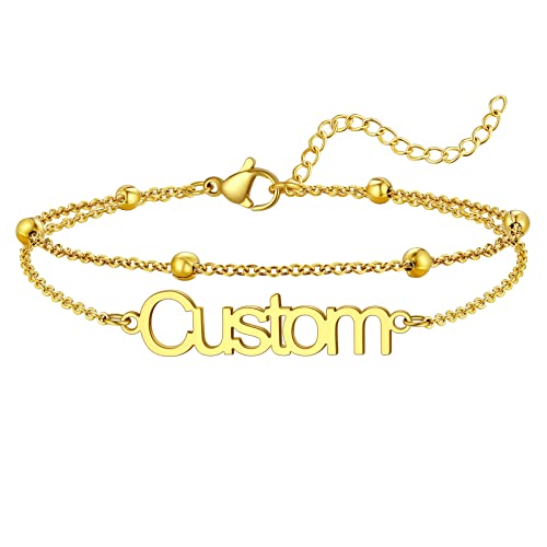 U7 Custom Layered Ankle Bracelets for Women Stainless Steel Bead/Cuban/Figaro/Rope/Wheat Chain Anklet Waterproof Anklet Jewelry for Beach Vacation - color: a-Gold Plated-Bead Chain
