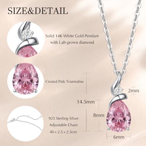 FANCIME 14K Solid White Gold Birthstone Pendant Necklace for Women with Diamond Pear Shaped Teardrop Necklace Birthday Gifts for Mom Women,Sterling Silver Chain 16" + 2" Extender - color: 10-Pink tourmaline