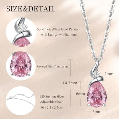 FANCIME 14K Solid White Gold Birthstone Pendant Necklace for Women with Diamond Pear Shaped Teardrop Necklace Birthday Gifts for Mom Women,Sterling Silver Chain 16" + 2" Extender - color: 10-Pink tourmaline