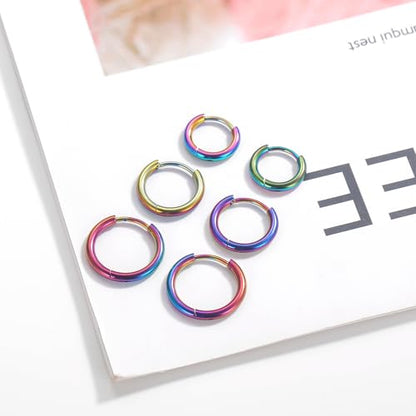 3 Pairs 316L Stainless Steel Small Black Silver Hoop Earrings 8mm 10mm 12mm Hypoallergenic Surgical Earring Cartilage Helix Lobes Hinged Sleeper Ear Jewelry For Men Women - color: colorful