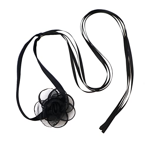 Black Choker Camellia Flower Lace-up Necklace For Women - color: BLACK