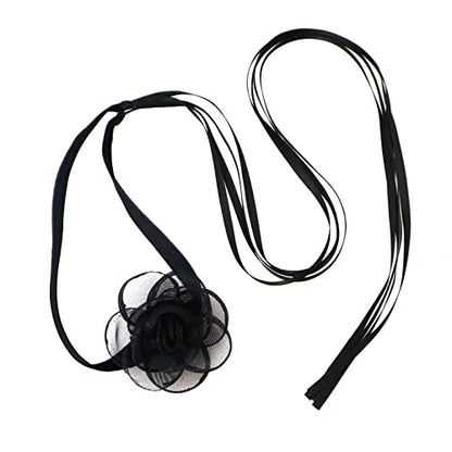 Black Choker Camellia Flower Lace-up Necklace For Women - color: BLACK