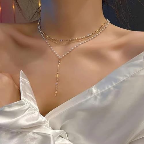 Vintage Layered Pearl Rhinestone Lariat Necklace Long Rhinestone Y Drop Necklace Gold Pearl Chain Necklace Sparkly Cz Tennis Necklace Jewelry for Women